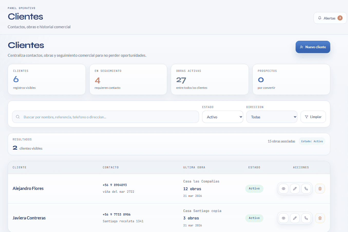 Vista real de clientes con estado y seguimiento comercial