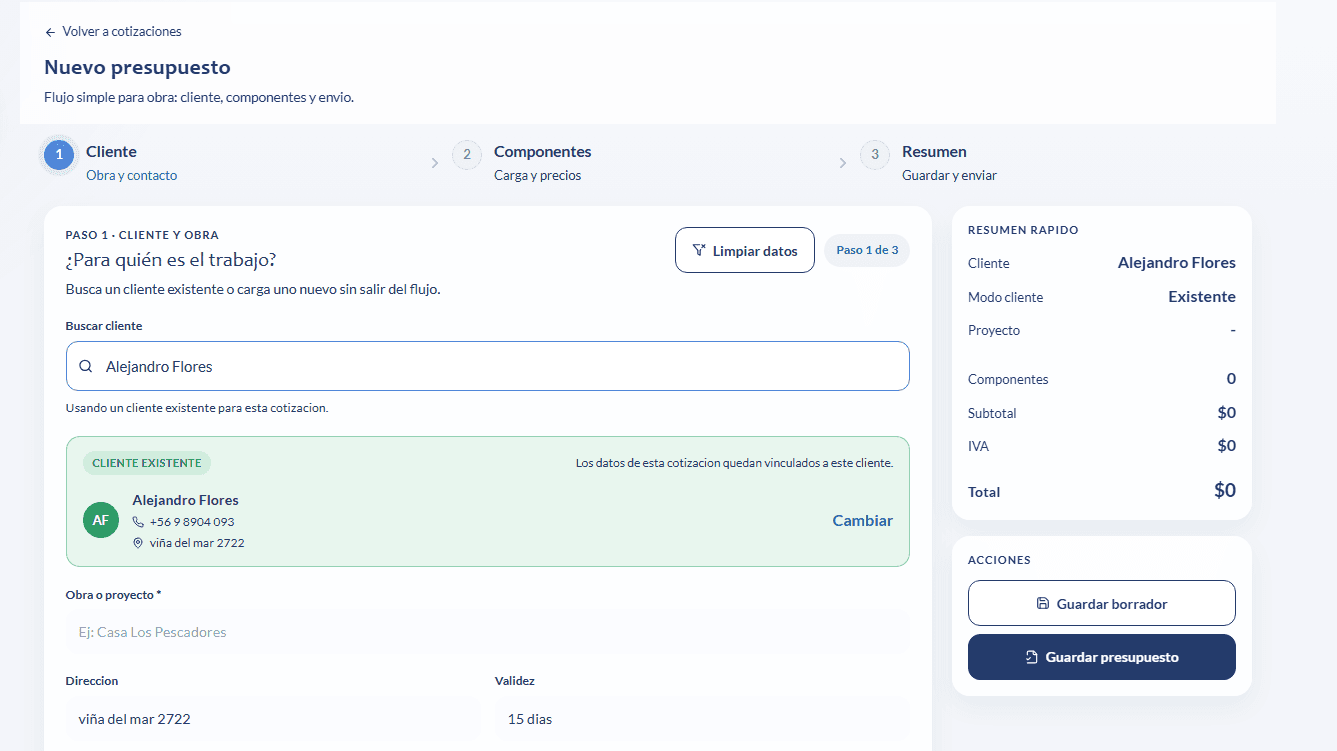 Paso 1 real del flujo de cotizacion con cliente y obra