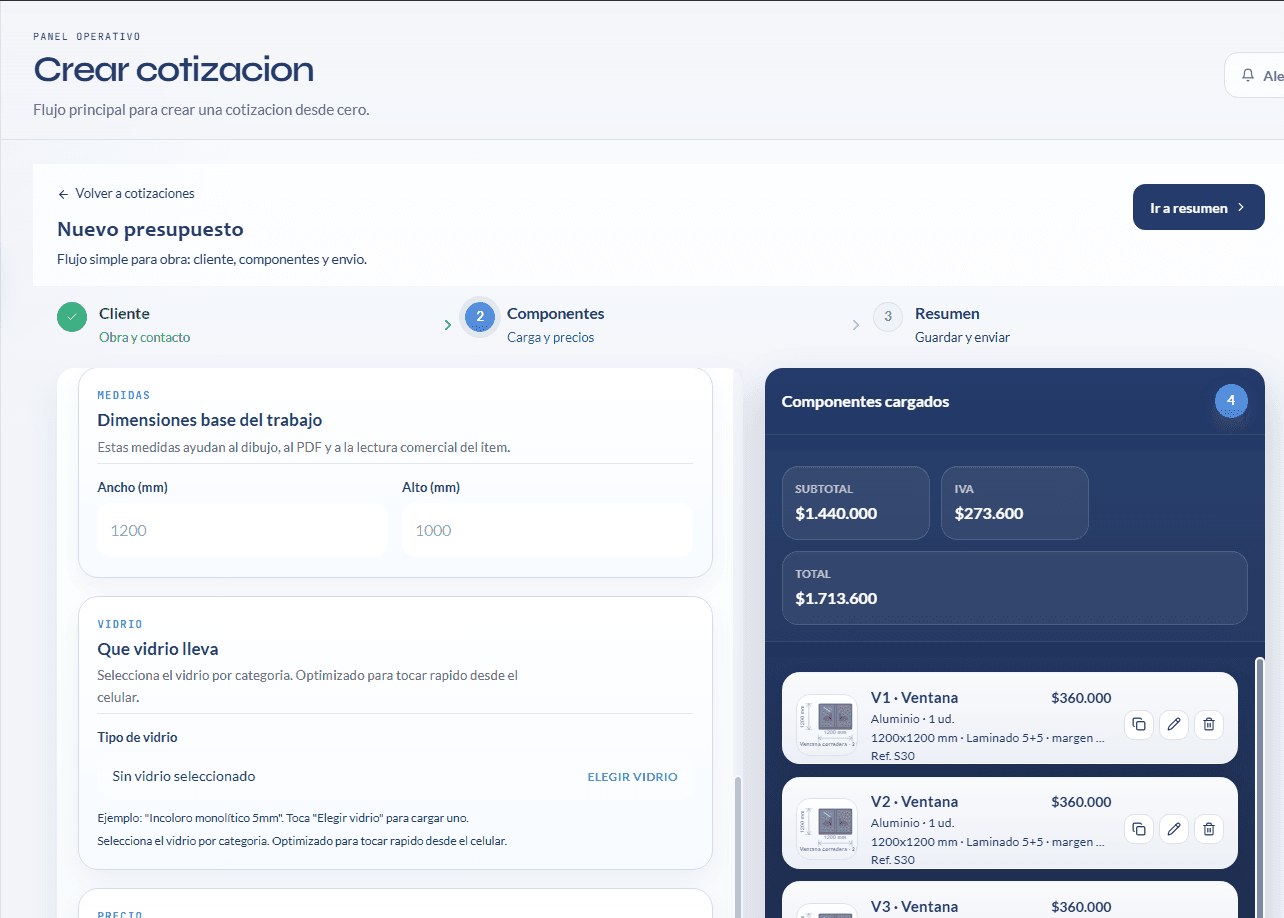 Paso 2 real del flujo de cotizacion con componentes y resumen