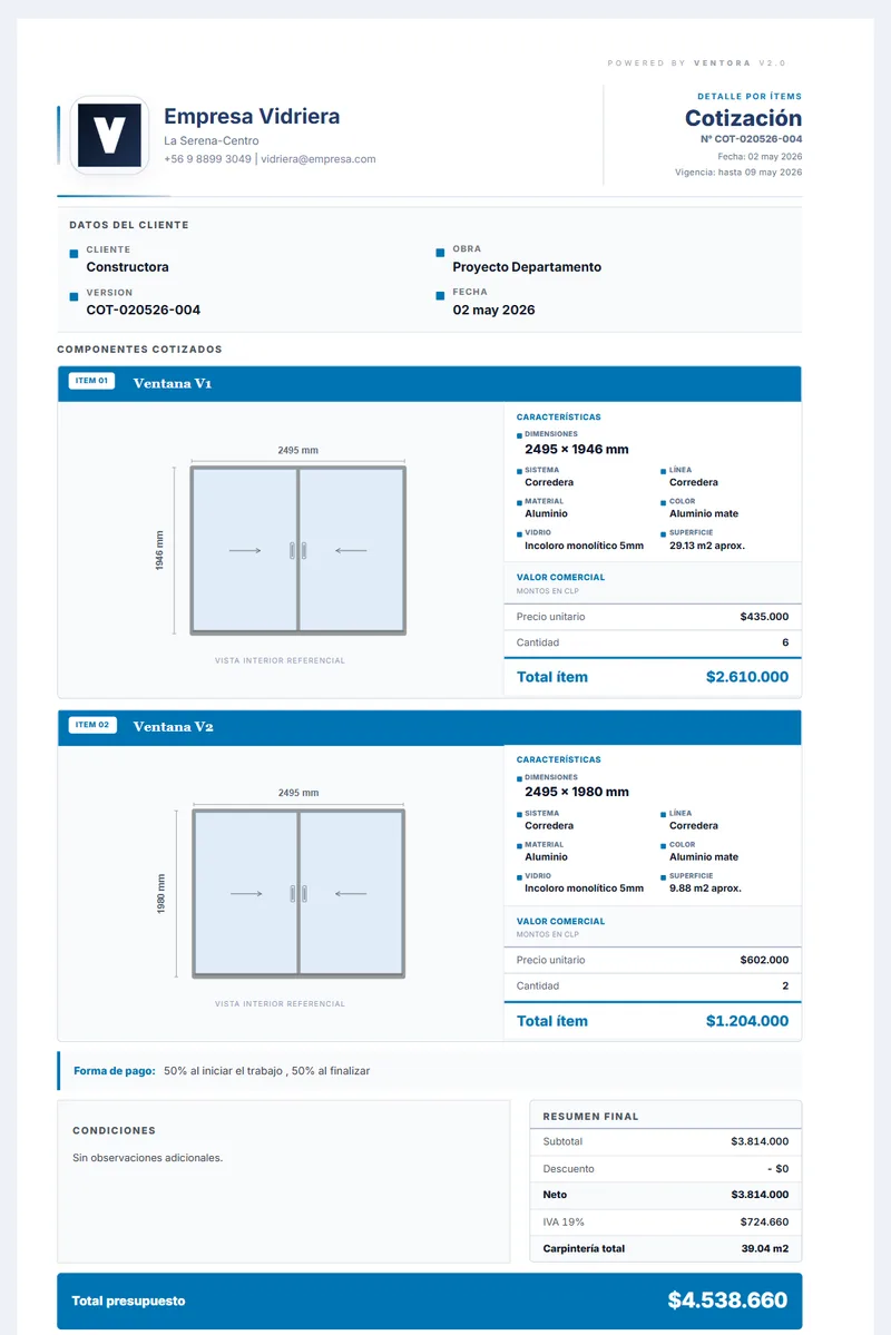 Presupuesto profesional de vidrios y aluminio con logo, planos, items y total