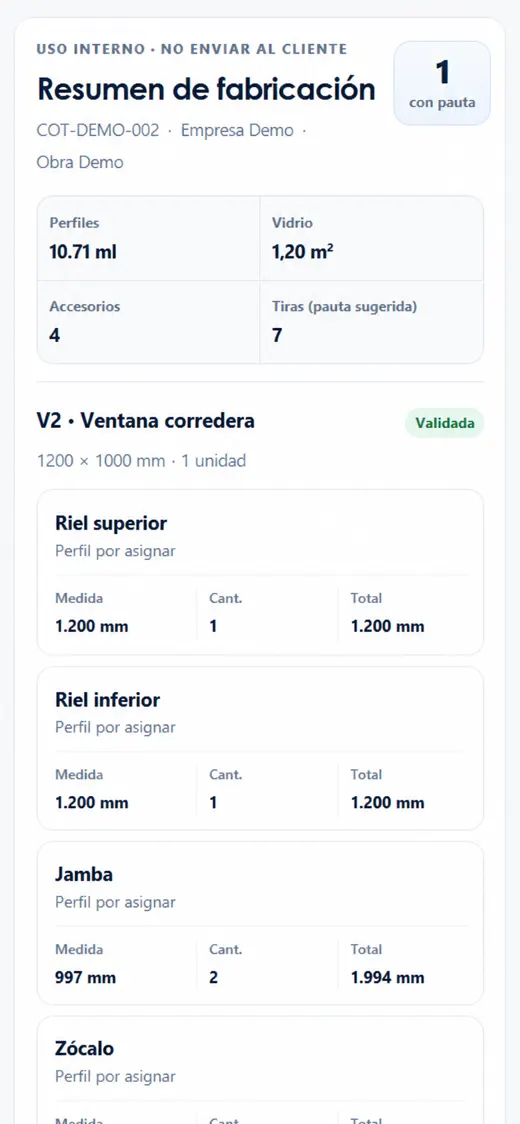 Vista móvil del resumen interno de fabricación de Ventora