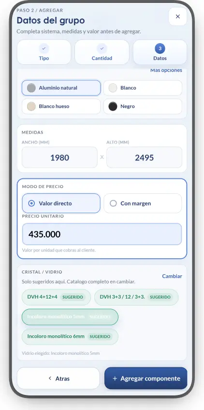 Paso 2: cargar medidas, cristal y precio