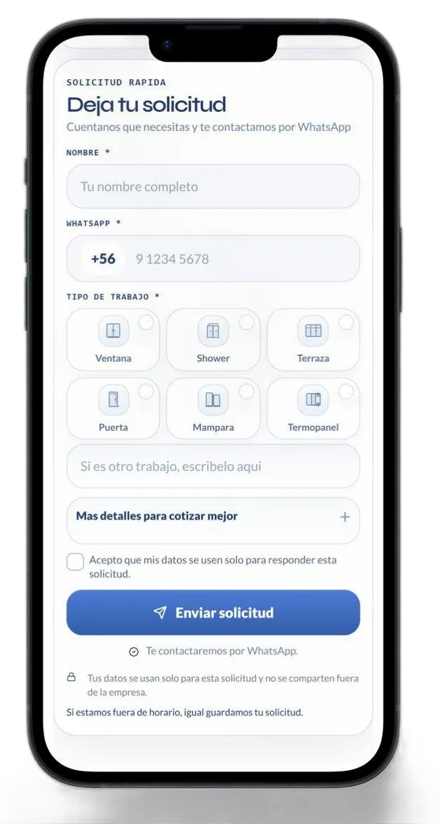 Formulario donde cliente deja nombre, WhatsApp y tipo de trabajo